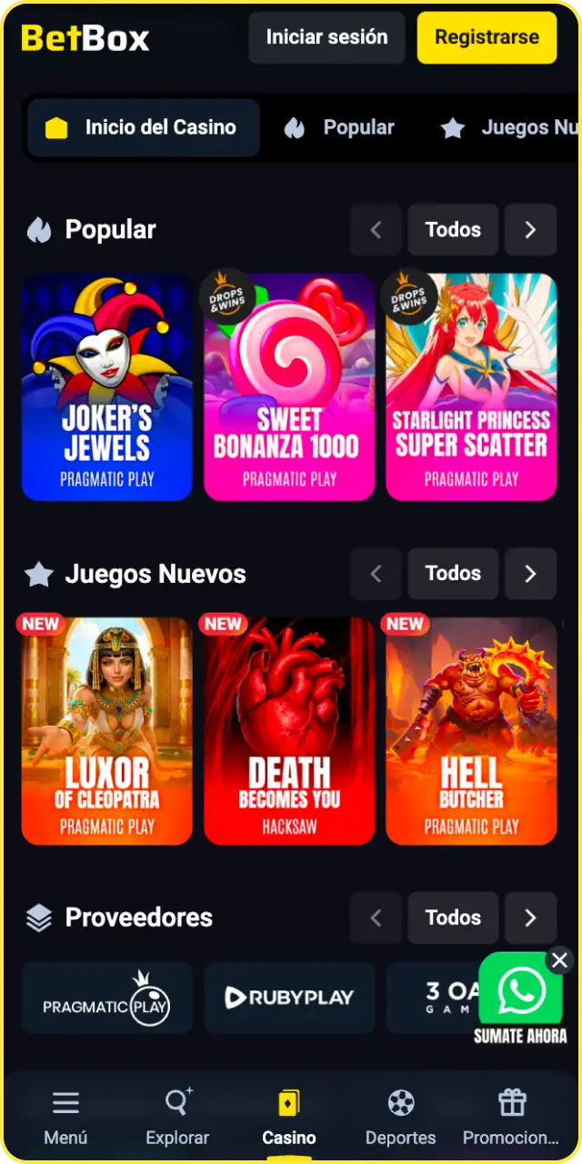 Explora la gran variedad de juegos de casino en la app de Betbox.
