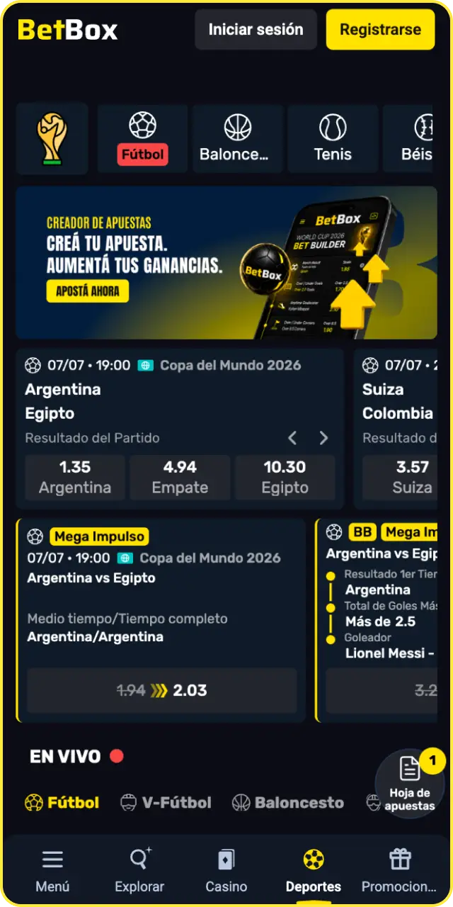 Realiza tus apuestas deportivas favoritas directamente desde la app de Betbox Argentina.