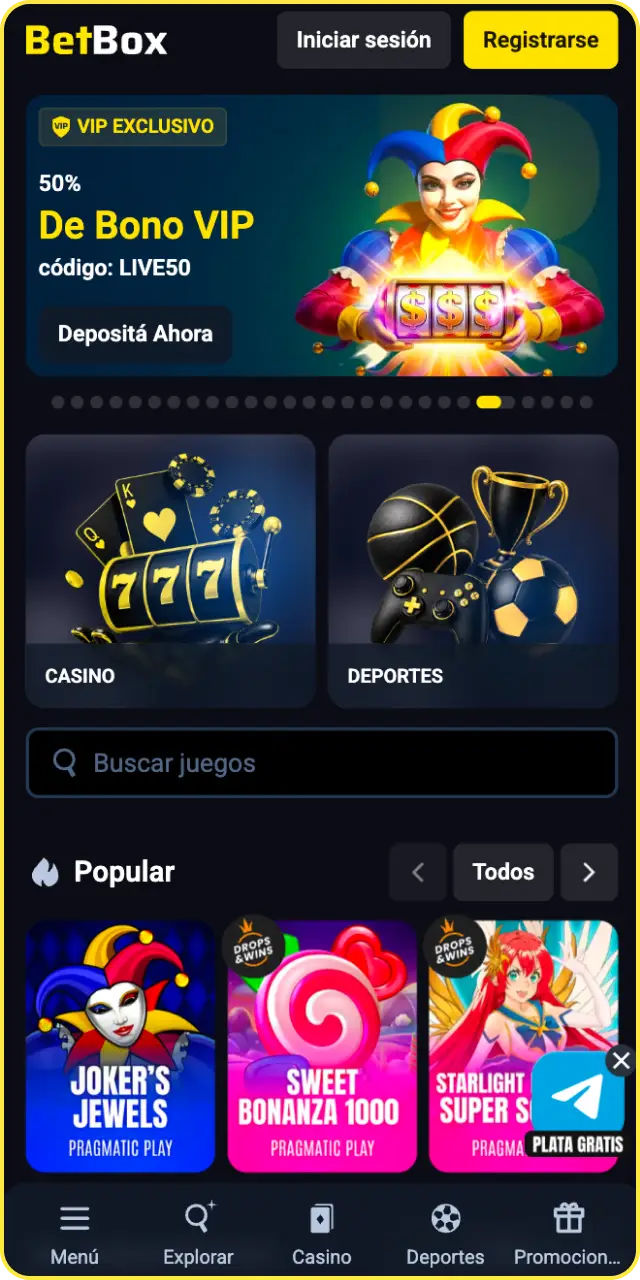Descubre la pantalla de inicio en la app oficial de Betbox Argentina y empieza a ganar.