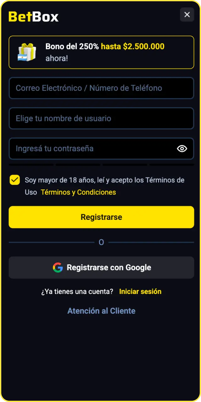 Crea tu cuenta nueva hoy mismo en la app de Betbox.