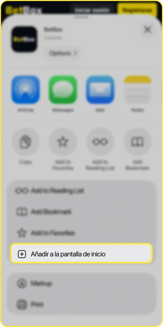 Seleccioná la opción agregar a inicio para guardar la app PWA de Betbox en iOS.