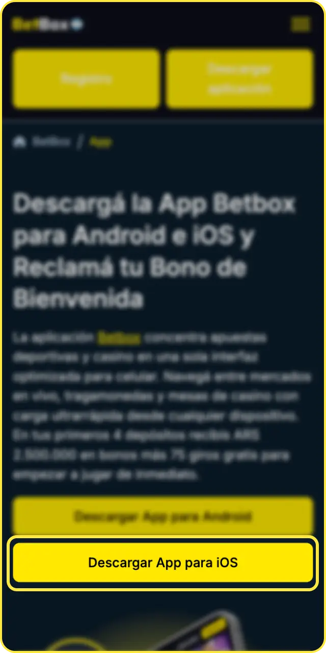 Tocá el botón indicado para obtener tu app PWA de Betbox en iOS.