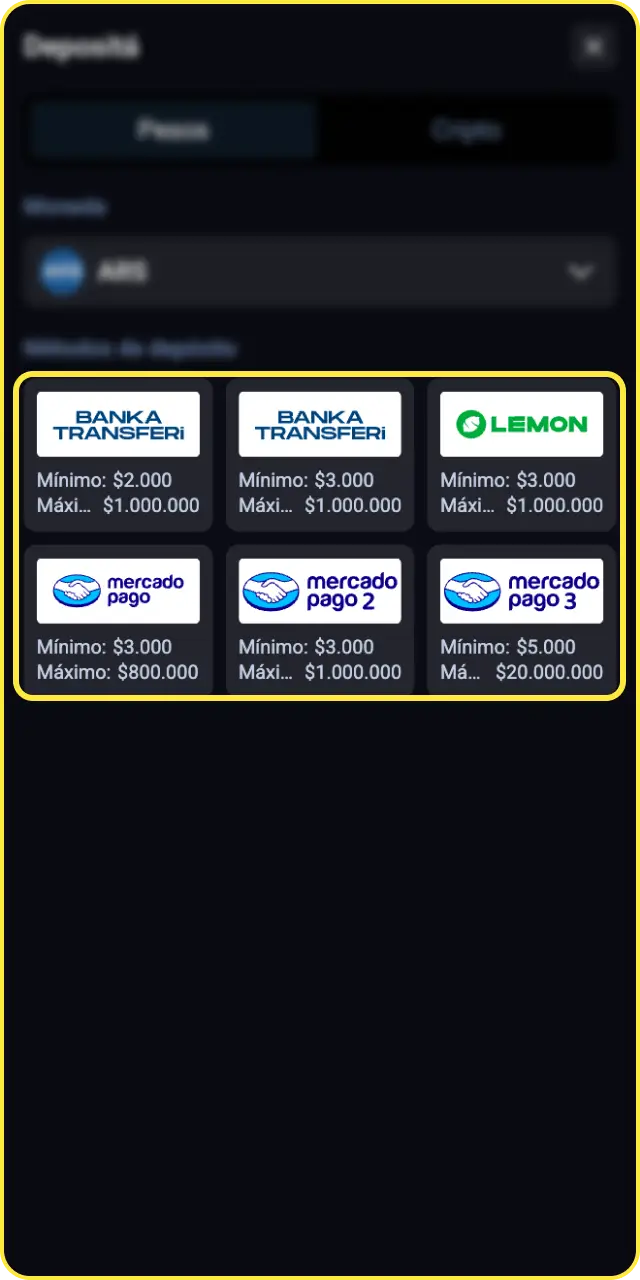 Seleccioná tu método de pago preferido según indican las instrucciones de Betbox.