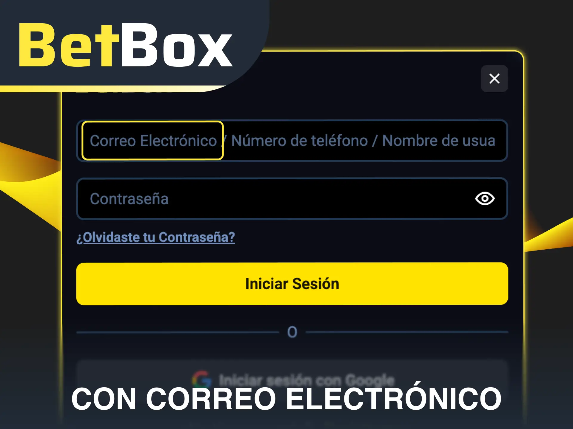 Utiliza el método de inicio de sesión con correo electrónico en Betbox.