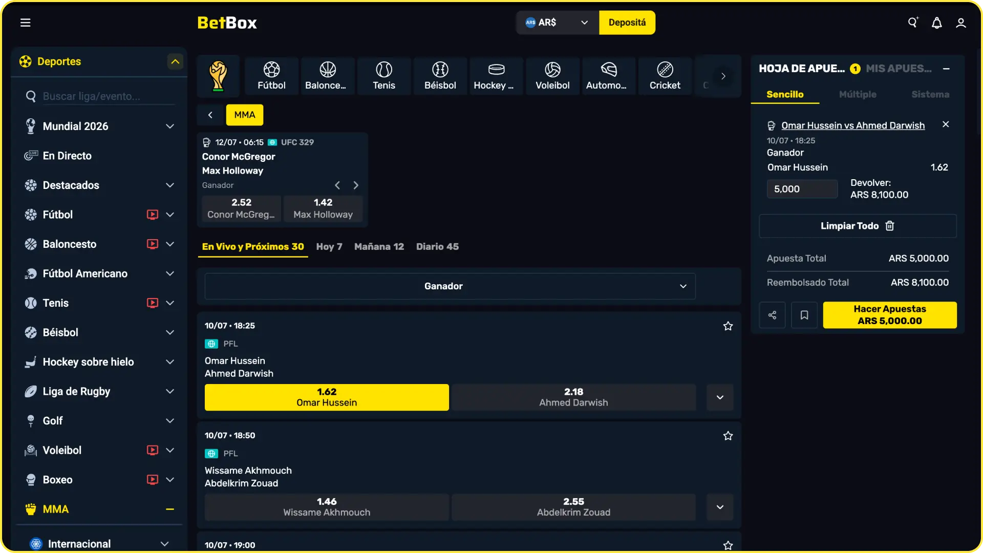 Seleccionar un mercado y confirmar la apuesta en la sección de MMA en Betbox.