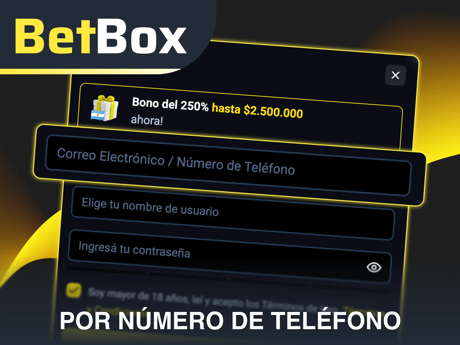 Utiliza la opción rápida de registro por número de teléfono en Betbox.